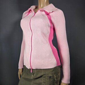 Vintage 90s Y2K Bubblegum Pink Zip Up Cardigan Ribbed Sweater Size S cotton